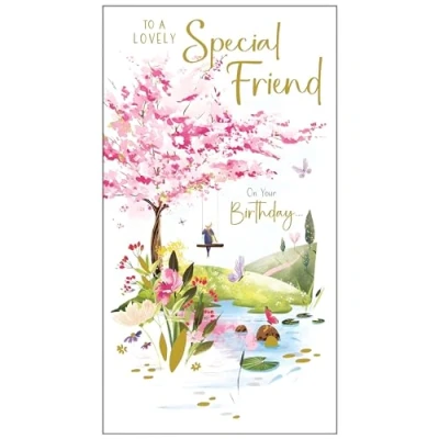Image of Friend Female Birthday Card Lovely Special Blossom Tree Artistic Scenic Design Finishes and Illustrated Insert Leaf Made in the UK