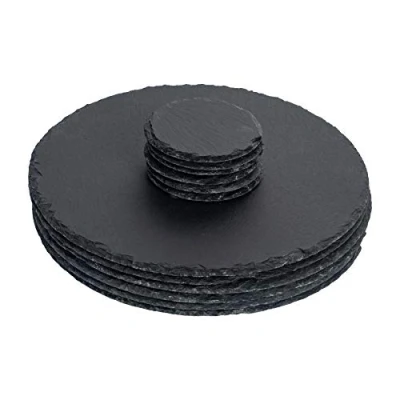 Image of 12pc Black Round Slate Placemats &amp; Coasters Set By Argon Tableware