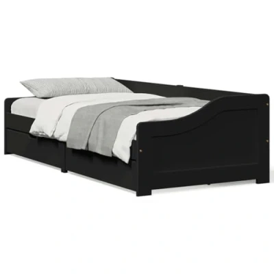 Image of vidaXL Day Bed with Storage Drawers Black Wooden Daybed/Sofa Solid Pine Wood, 90x200 cm Bedroom/Living Room Furniture