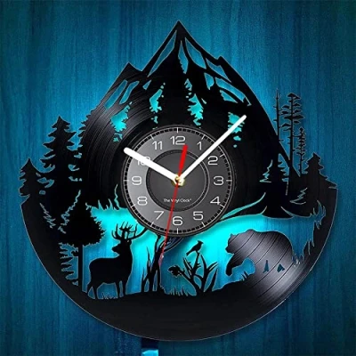 Image of Smotly Vinyl wall Clock, Forest Wildlife Themed Silent clock with LED Night Light Function is a gift for nature lovers.