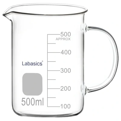 Image of Labasics Glass Beaker, G3.3 Borosilicate Laboratory Grade Graduated Beaker Transparent Measuring Cup Low Form Griffin with Handle and Spout, 500 ml