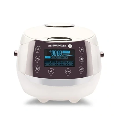 Image of Reishunger Digital Rice Cooker and Steamer (1.5 litres for 8 people) white with Keep Warm Function &amp; Timer Incl. Premium Inner Pot Multi 12 Programmes 7 Phase Technology