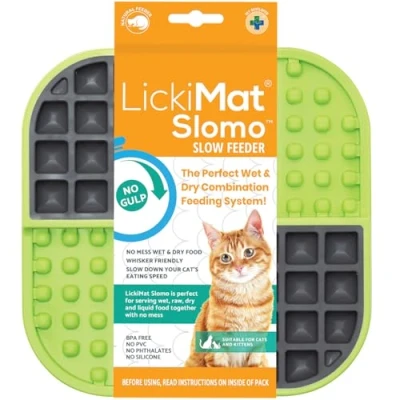 Image of LickiMat Slomo, Cat Slow Feeder Lick Mat, Boredom Anxiety Reducer; Perfect for Food, Treats, Yogurt, or Peanut Butter. Fun Alternative to a Feed Bowl Dish, Green
