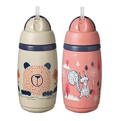 Image of Tommee Tippee Insulated Straw Bottle, 266ml, for Toddlers 12m+, 2 Pack, Pink and Grey, Spill Proof Toddler Water Flip Lid Helps Keep Clean, Leak BPA Free