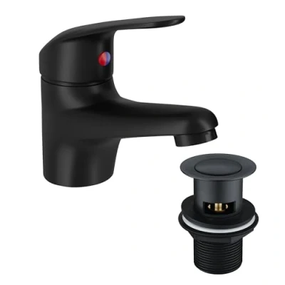 Image of Matt Black Basin Mixer Tap with Pop Up Slotted Waste Monoblock Sink Faucet Single Handle Deck Mounted Flexi Hoses and Fittings
