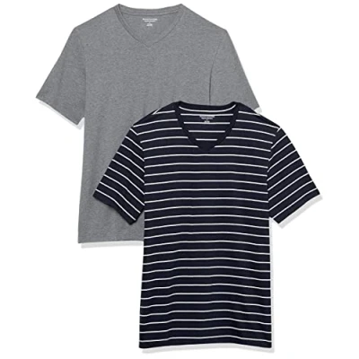Image of Amazon Essentials Men&#039;s Regular Fit Short Sleeved V Neck T Shirt (Available in Big and Tall), Pack of 2, Grey Heather/Navy Stripes, M