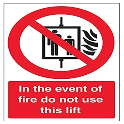 Image of V Safety In The Event Of Fire Do Not Use This Lift Sign 200mm x 300mm Self Adhesive Vinyl