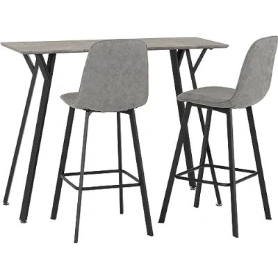 Image of Seconique Quebec Bar Table Set with 2 Dining Chairs in Concrete Effect/Black/Grey/Faux Leather