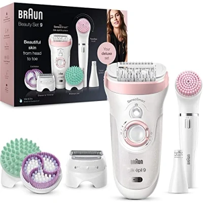 Image of Braun Beauty Set, Epilator for Hair Removal, 7 In 1, Includes Lady Shaver, Face &amp; Exfoliator, Gifts Women, UK 2 Pin Plug, 9 985, White/Pink