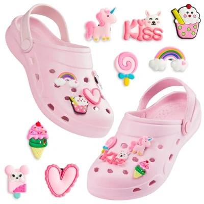 Image of CityComfort Girls Clogs with Removable Charms, Beach Pool Shoes Gifts (Pink, 11.5/12 UK)