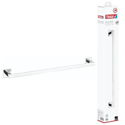 Image of tesa DELUXXE Single Towel Rail Self Adhesive Bar in Stainless Steel Design Wall Mounted Holder Waterproof, incl. Power.Kit Solution 50mm x 630mm 73mm