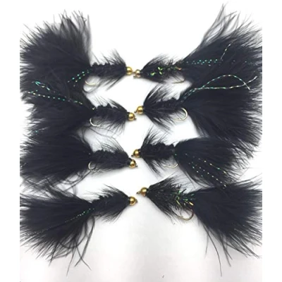 Image of Fly Fishing WOOLLY BUGGER BLACK Beadhead LURES set of 8 Size 10 Trout Flies UK PACK#39