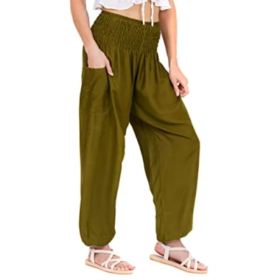 Image of Lofbaz Harem Pants for Women Yoga Boho Hippie Clothing Womens Palazzo Bohemian Pajama Trousers Beach Indian Gypsy Genie Clothes Solid 1 Dark Green M
