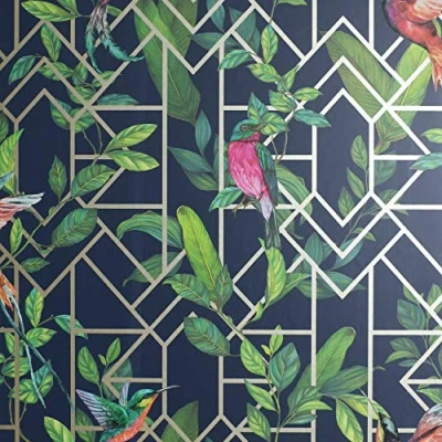 Image of Arthouse Deco Tropical Navy &amp; Gold Wallpaper for Living Spaces Feature Walls, 53 cm x 10.05 m Roll, 908003