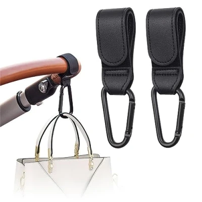 Image of 2 Pcs Buggy Clips,Pram Hooks for Bags,for Universal Pram,Stroller,Handbag,Non Slip PU Leather,Black