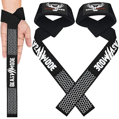 Image of BEAST RAGE Weight Lifting Straps Fitness Padded Cotton Wrist Support Gel Advanced Grips Dumbbell Bar Wraps Heavy Duty Gym Bodybuilding Power Deadlift Barbells Non Slip Exercise (White silicone)