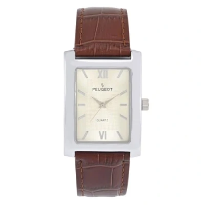 Image of Peugeot PP Men&#039;s Rectangular Textured Roman Numeral Dial Classic Dress Wrist Watch with Leather Strap Band, Silver/Brown, M