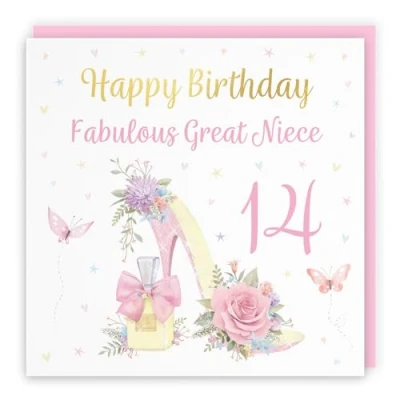 Image of Hunts England 14th Great Niece High Heel And Perfume Birthday Card Luxury Gold Foil Milo&#039;s Gallery Age 14 Butterflies, Flowers, Hearts Pretty For