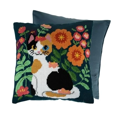 Image of Trimits Half Stitch Cross Cushion Kit, Back Included, Pre Printed Canvas, Yarn and Needle Included 40 x 40cm (15.75 15.75in), Cat