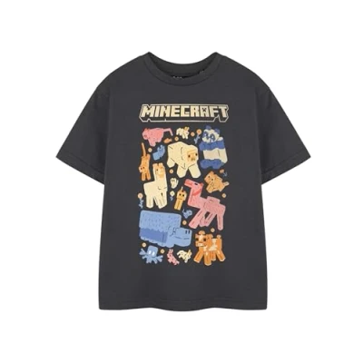 Image of Minecraft Girls Charcoal Graphic Tee Various Animals Game Crew Neck Top Classic Short Sleeve Casual Wear Pull On T Shirt for