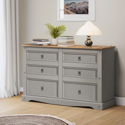 Image of Mercers Furniture Corona Grey Wax Low 3+3 6 Drawer Wide Chest Sideboard