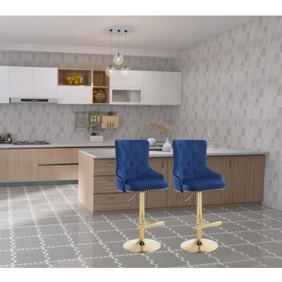 Image of FEFE Velvet Upholstery 360 Degree Swivel Breakfast High Bar Home Kitchen Pub Stools Chair Seat With Gas Lift &amp; Metal Base (2, Blue)