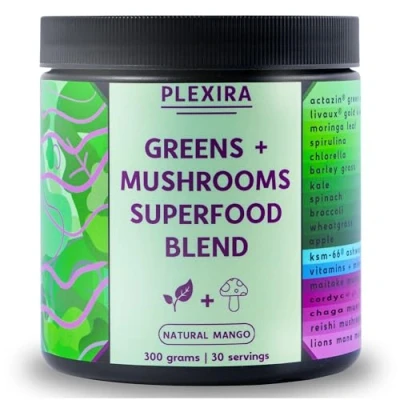 Image of Plexira Greens + Mushrooms Superfood Blend 300g Natural Mango Super Powder for Immunity and Gut Health, Including KSM 66 Ashwagandha Lions Mane