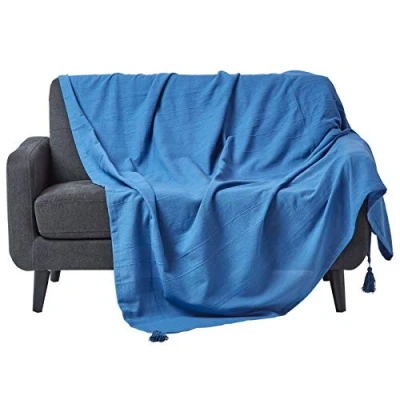 Image of HOMESCAPES Rajput Ribbed Throw 90 x 100 Inches Plain Blue Handmade 100% Cotton Suitable for most 3 Seater Sofas Double King bedspreads Easy care washable at home