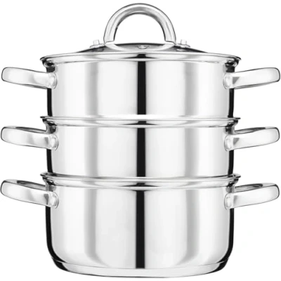Image of Cooks Professional 3 Tier Steamer Pan 22cm Stainless Steel Pots with Tempered Glass Lid &amp; Vent Twin Handles Induction Hob Compatible Vegetable