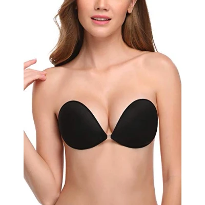 Image of WingsLove Women Silicone Adhesive Stick On Push Up Strapless Backless Invisible Bra(Black, B)