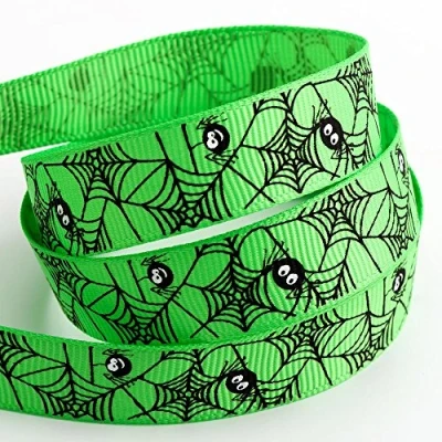 Image of Spider Web Halloween Grosgrain Ribbon 16mm x 5 Metres Green