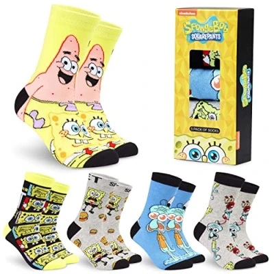 Image of SpongeBob Mens Socks Pack of 5 Crew for Men Teenagers Soft Breathable Work Sports Casual Size 6 10 Gifts (Yellow, 6.5/9.5 UK)