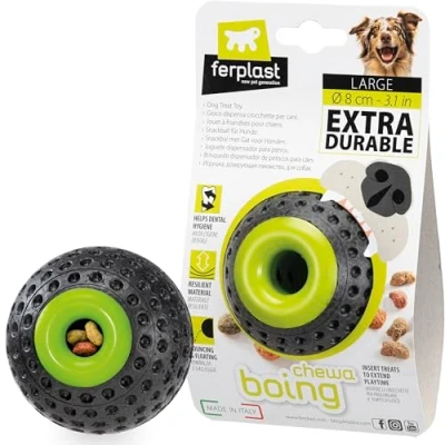 Image of Ferplast Dog Toy, Treat Dispenser, Made of Durable, Non Toxic Material, Bite Resistant, Dental Hygiene, Bouncing and Floating, CHEWA BOING Large Size Toy Ball, Black