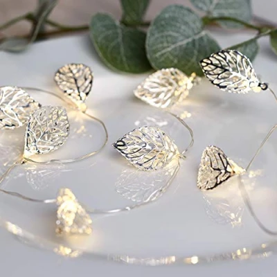 Image of Lights4fun 20 LED Silver Metal Filigree Leaf Garland Micro Lights Battery Timer 1.5m