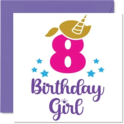 Image of 8th Birthday Card Girl Unicorn Happy 8 Year Old Girl, Girls Cards for Her, 145mm x Greeting Daughter Niece Granddaughter Kid Children