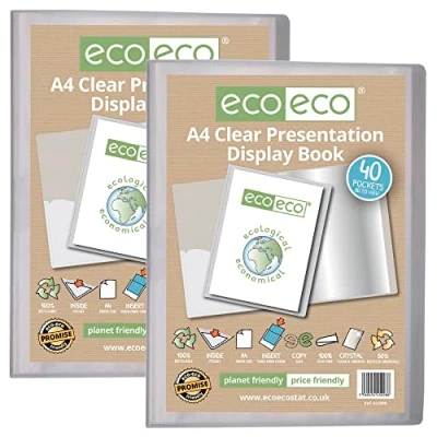 Image of eco A4 Size 50% Recycled 40 Pocket Clear Presentation Display Book, Storage Case Portfolio Art Folder with Plastic Sleeves, (Pack of 2), eco098x2