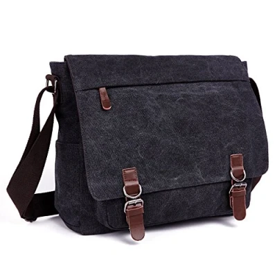 Image of LOSMILE Laptop Messenger Bags, Men&#039;s Shoulder Bag, 16 Inches Vintage Canvas Bag for School and Work, Multiple Pocket. (Black)