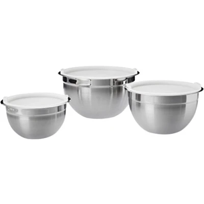 Image of Amazon Basics Stainless Steel 3 Piece Round Mixing Bowl Set, Silver &amp; White