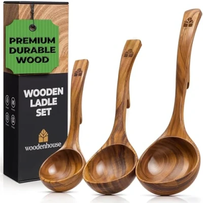 Image of Wooden Ladle Spoon Set, 3 Size Teak Wood Kitchen Serving with Back Hooks for Pot &amp; Bowl, Non Stick Set Cooking, and Stirring