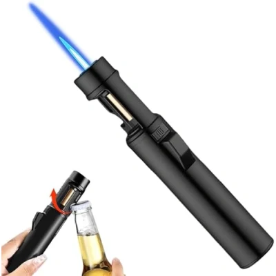 Image of Airbrush Windproof Lighter,Portable Adjustable Refillable Butane Jet Lighter, 2 in 1 Flame Lighter with Bottle Opener, Gas Storm for Kitchen, Grill (black)