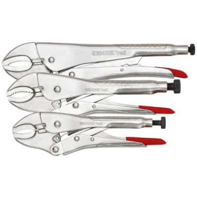 Image of GEDORE Red Grip Pliers Set with Self Clamp Function, 3 Pieces, 3.5 6 cm Span, Adjustment Screw and Release Lever, Chrome Vanadium Steel, 7, 10 12 Inch Length