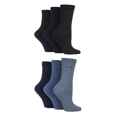 Image of Elle Ladies Patterned and Plain Assorted Sock Styles including Anklets, No Show, Trainer, Knee High Regular Cotton Socks in a Multipack of 6 &amp; 4 Pairs Black/Denim True 8
