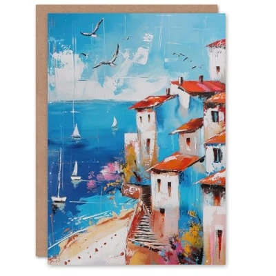 Image of Artery8 Coastal Town Beach Sail Boats Abstract Painting Greeting Birthday Card Him Her All Blank