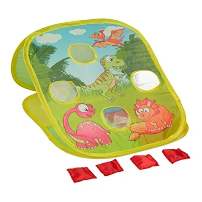 Image of Relaxdays Dinosaur Bean Bag Toss, Pop Up Cornhole Game, 4 Beanbags, Indoor &amp; Outdoor, 30 x 50.5 58 cm, Multicoloured