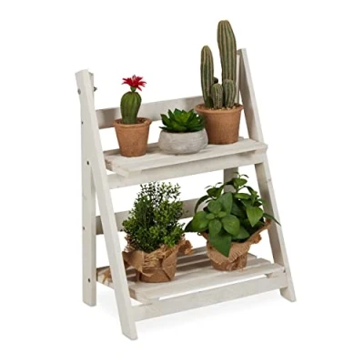 Image of Relaxdays Flower Ladder Rack, for Indoors &amp; Balcony, Shabby Chic, Folding, Plant Stand, 2 Tiers, White, wood, 51 x 41 25 cm