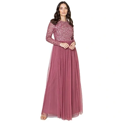 Image of Maya Deluxe Women&#039;s Embellished Long Sleeve Maxi Dress Bridesmaid, Desert Rose, 10