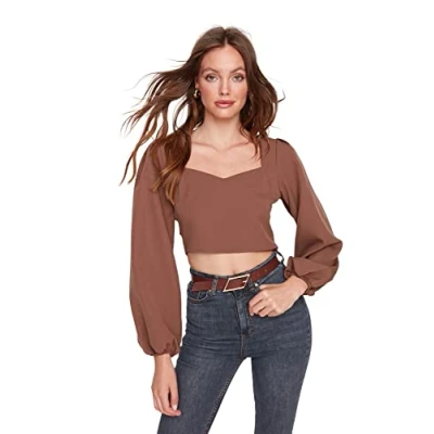 Image of Trendyol Woman Slim fit Bodycon Sweetheart Woven Blouse Brown