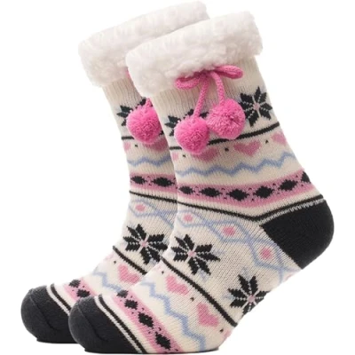 Image of A2Z Ladies Socks Fairilse Lounge Sherpa Fleece Lining Pompom Non Slip Gripper LS1268 Cream 4 8