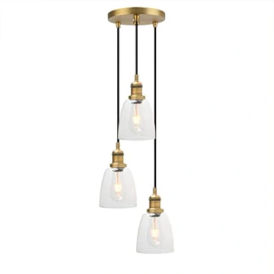 Image of Phansthy Triple Industrial Pendant Lights with Clear Glass Shade, E27 Kitchen Light Fixture 3 Chandelier Flush Mount Ceiling Hanging Lamps for Living Room Dining (Antique Brass)