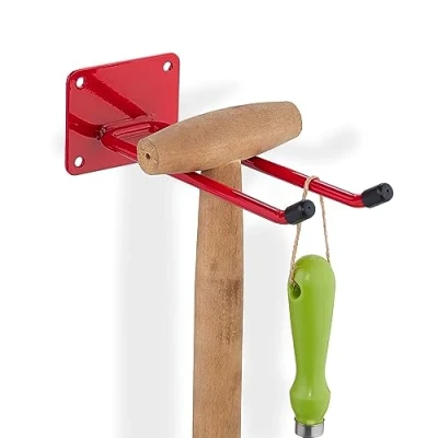 Image of Relaxdays Appliance Holder, Garden Tools, Garage, Wall Mounted, Double, Long Hooks, Basement, 24 cm Length, Steel, Red